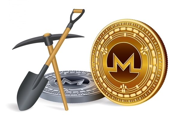 Monero coins with shovel and pickaxe.