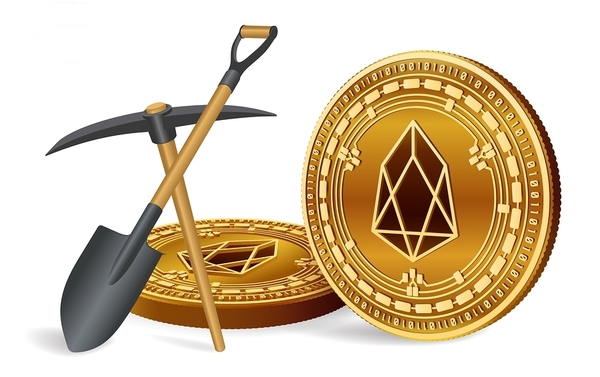 EOS logo on a gold coin, pickaxe and shove.