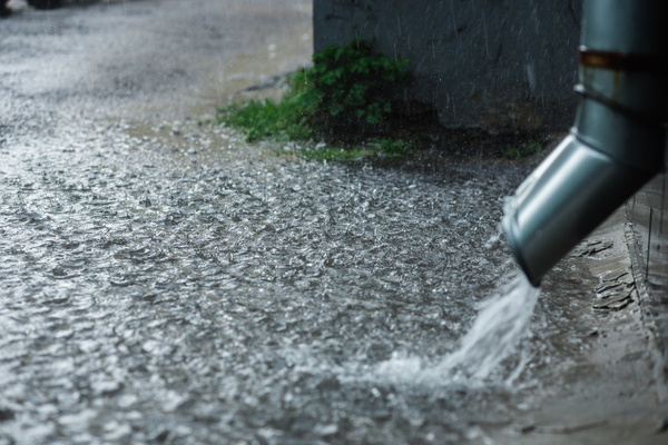 Water pouring out of a downspout.