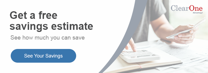 Savings Estimate banner with man calculating bills.