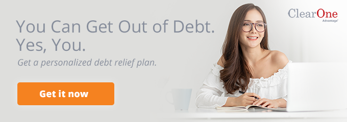 Get out of debt banner with woman looking at laptop screen